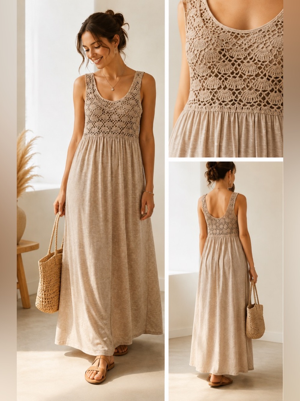 BRANDNEW aerie Beige Crochet-Top Maxi Dress